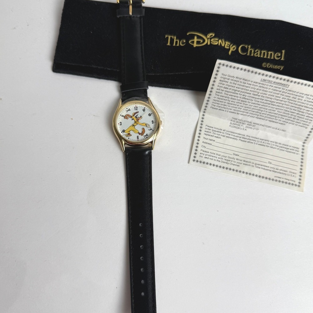 Disney‎ Channel Goofy Special Edition Watch Black Leather Band Gold Tone New